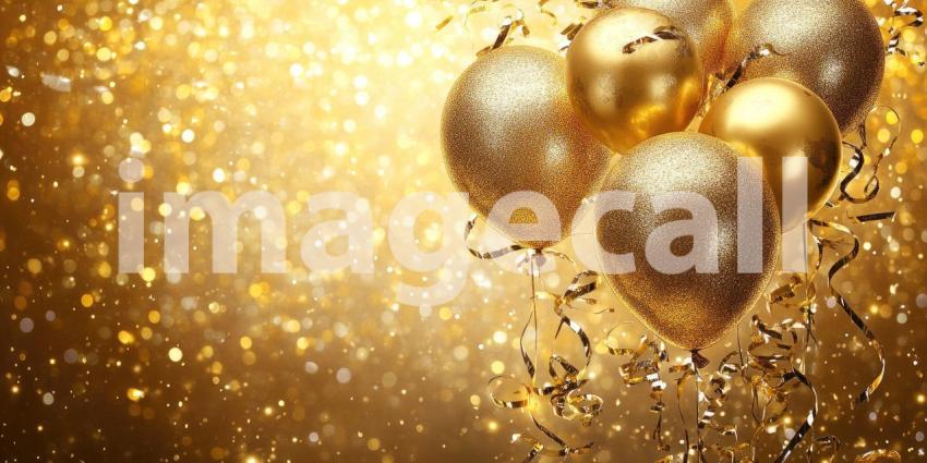 A cluster of shimmering gold balloons floating against a backdrop of warm, festive lights, creating a celebratory atmosphere.
