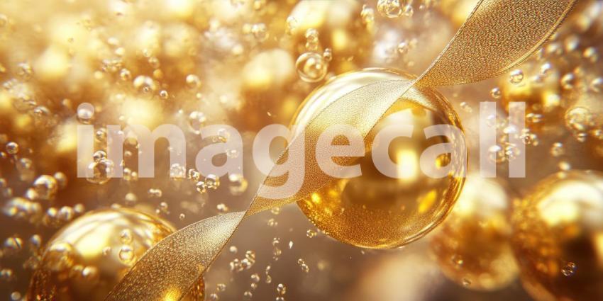 A cluster of shimmering gold balloons floating against a backdrop of warm, festive lights, creating a celebratory atmosphere.