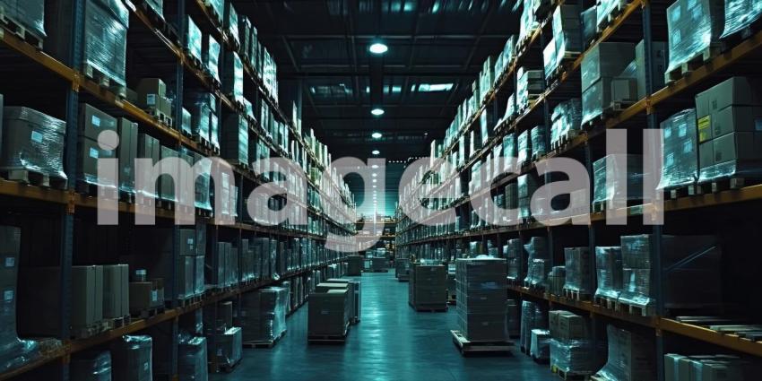 A vast warehouse with towering shelves filled with rows of neatly stacked cardboard boxes