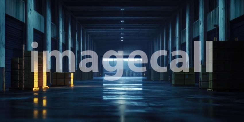 A vast warehouse with towering shelves filled with rows of neatly stacked cardboard boxes
