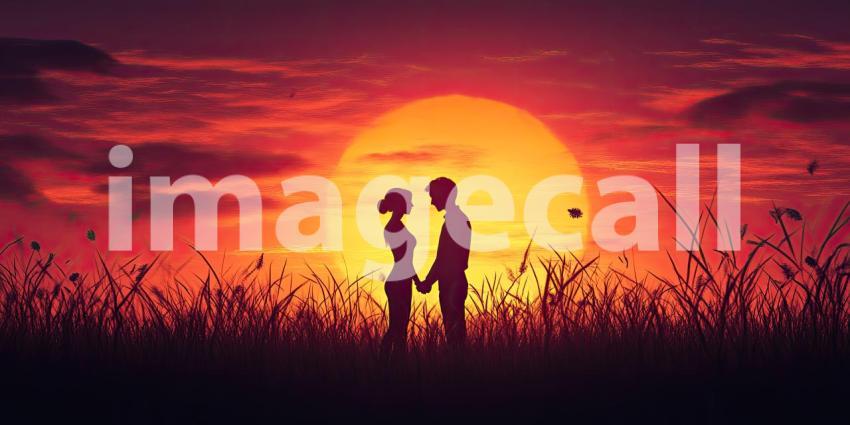 Romantic Couple Standing Close Together by the Edge of a Lake During Sunset, Dressed in Formal Attire with Wedding Dress and Suit