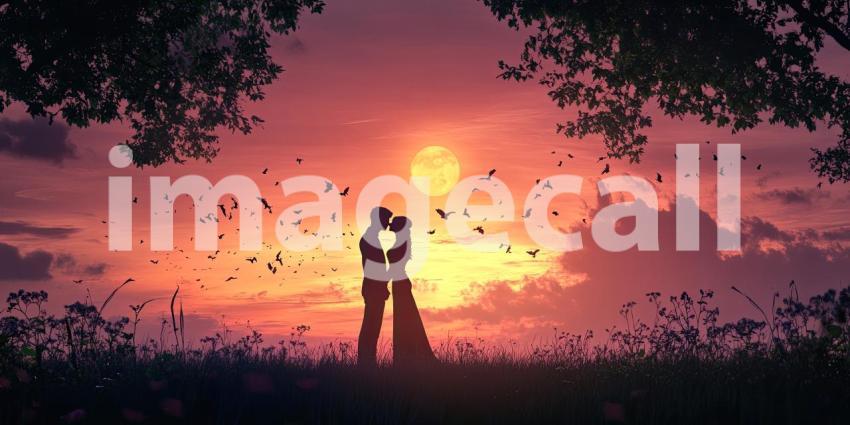 Romantic Couple Standing Close Together by the Edge of a Lake During Sunset, Dressed in Formal Attire with Wedding Dress and Suit