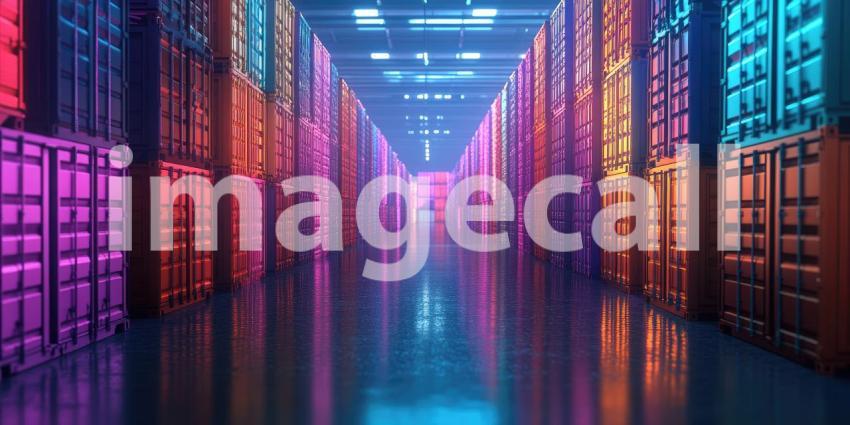 A vast warehouse with towering shelves filled with rows of neatly stacked cardboard boxes