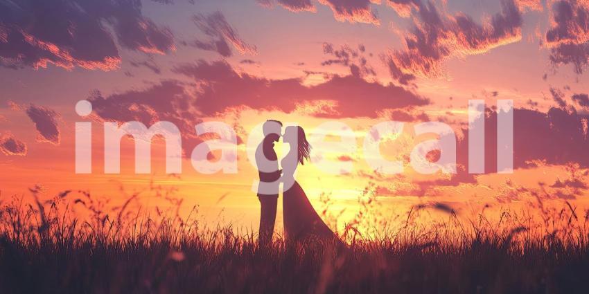 Romantic Couple Standing Close Together by the Edge of a Lake During Sunset, Dressed in Formal Attire with Wedding Dress and Suit