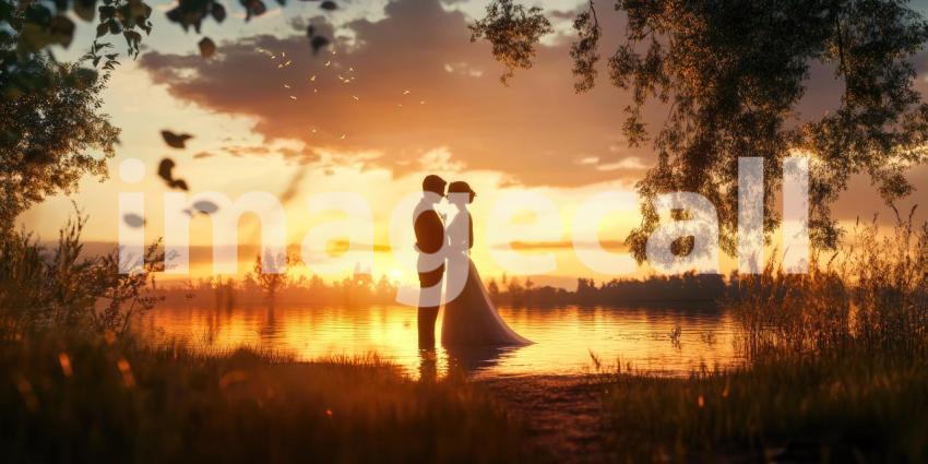 Romantic Couple Standing Close Together by the Edge of a Lake During Sunset, Dressed in Formal Attire with Wedding Dress and Suit