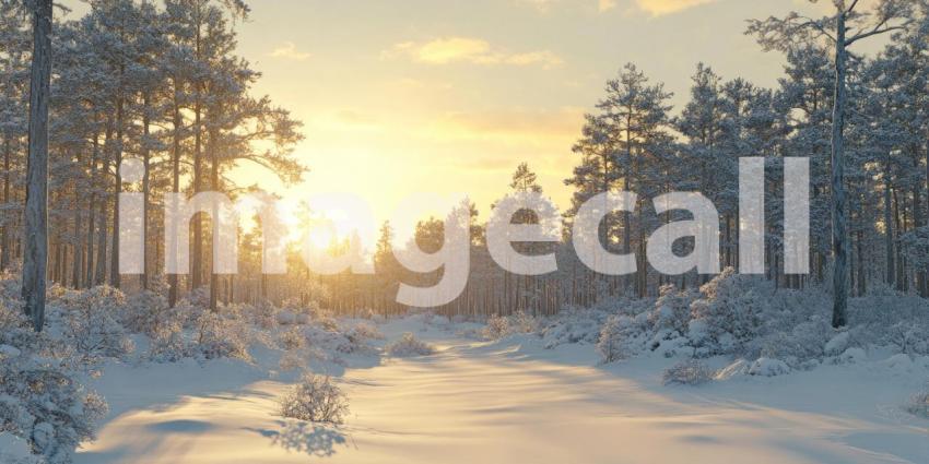 A serene winter landscape with a path winding through a snow-covered forest, illuminated by the warm glow of the rising sun.
