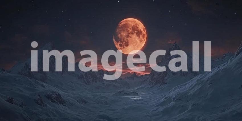 A breathtaking celestial spectacle unfolds as a full moon illuminates a snow-covered mountain landscape against a backdrop of vibrant twilight hues and a starry sky.