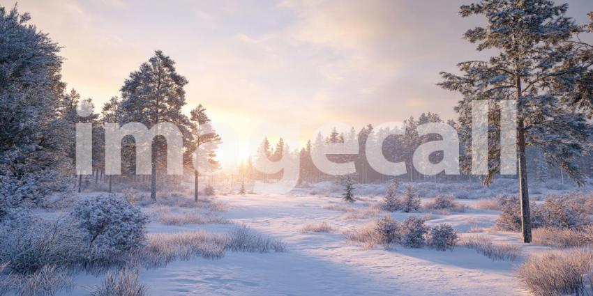 A serene winter landscape with a path winding through a snow-covered forest, illuminated by the warm glow of the rising sun.