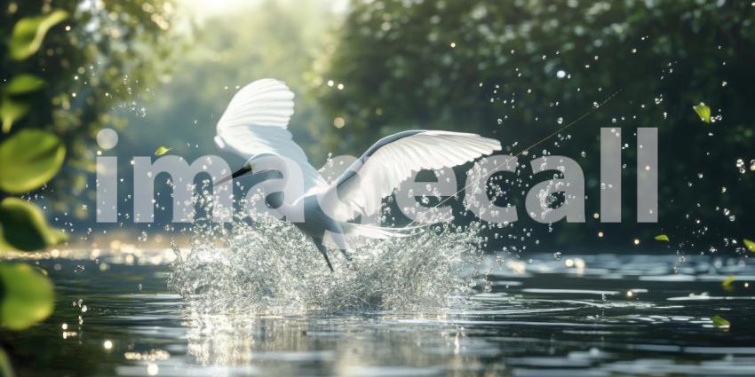 A White Egret Stalking Prey in Shallow Water, Wings Ruffled as it Chases a Fish, Creating a Dynamic Splash of Water