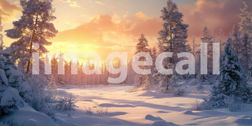 A serene winter landscape with a path winding through a snow-covered forest, illuminated by the warm glow of the rising sun.