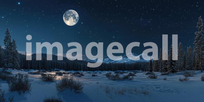 A breathtaking celestial spectacle unfolds as a full moon illuminates a snow-covered mountain landscape against a backdrop of vibrant twilight hues and a starry sky.