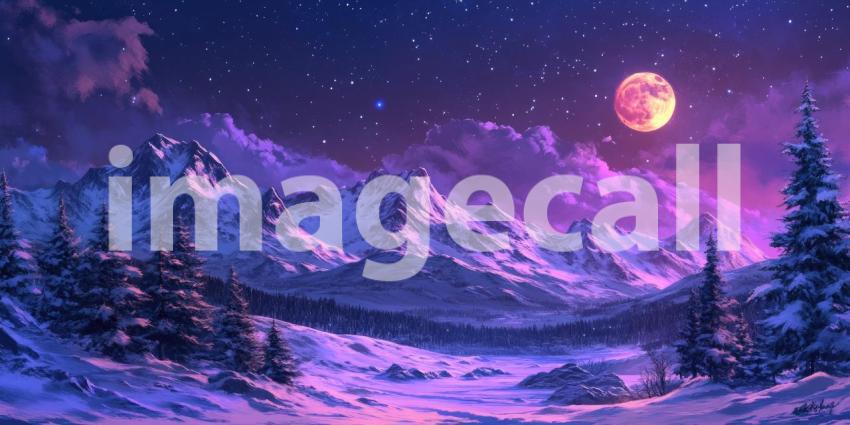 A breathtaking celestial spectacle unfolds as a full moon illuminates a snow-covered mountain landscape against a backdrop of vibrant twilight hues and a starry sky.