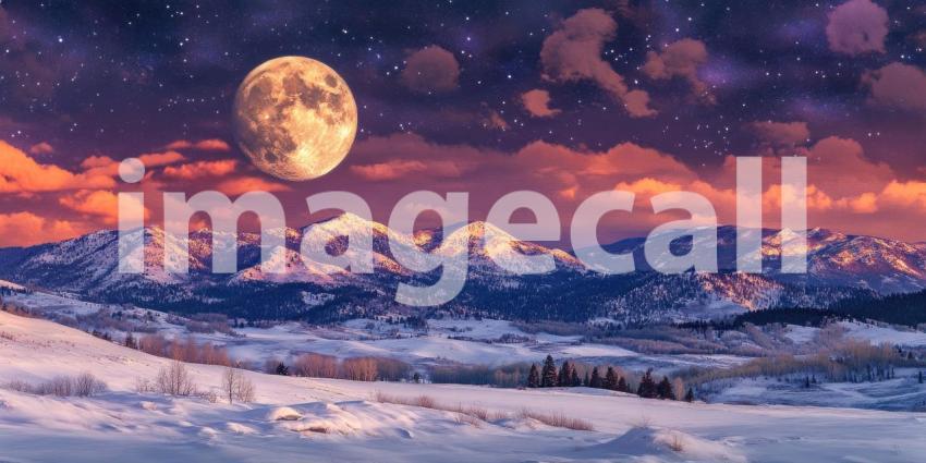 A breathtaking celestial spectacle unfolds as a full moon illuminates a snow-covered mountain landscape against a backdrop of vibrant twilight hues and a starry sky.