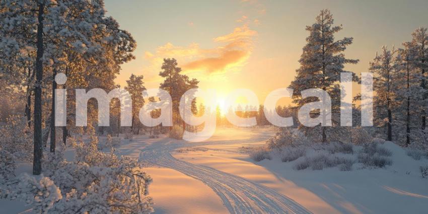 A serene winter landscape with a path winding through a snow-covered forest, illuminated by the warm glow of the rising sun.