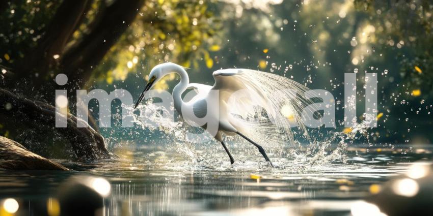 A White Egret Stalking Prey in Shallow Water, Wings Ruffled as it Chases a Fish, Creating a Dynamic Splash of Water
