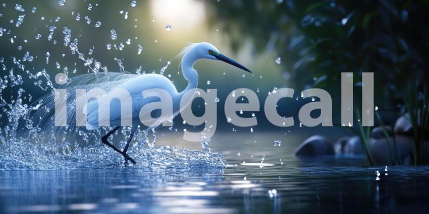 A White Egret Stalking Prey in Shallow Water, Wings Ruffled as it Chases a Fish, Creating a Dynamic Splash of Water