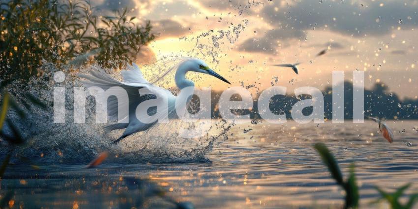 A White Egret Stalking Prey in Shallow Water, Wings Ruffled as it Chases a Fish, Creating a Dynamic Splash of Water