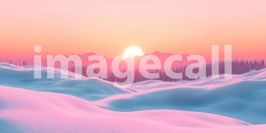Surreal Winter Wonderland at Sunset with Dreamy Pink Hues, Snow-Covered Hills, and a Distant Silhouette of Mountains