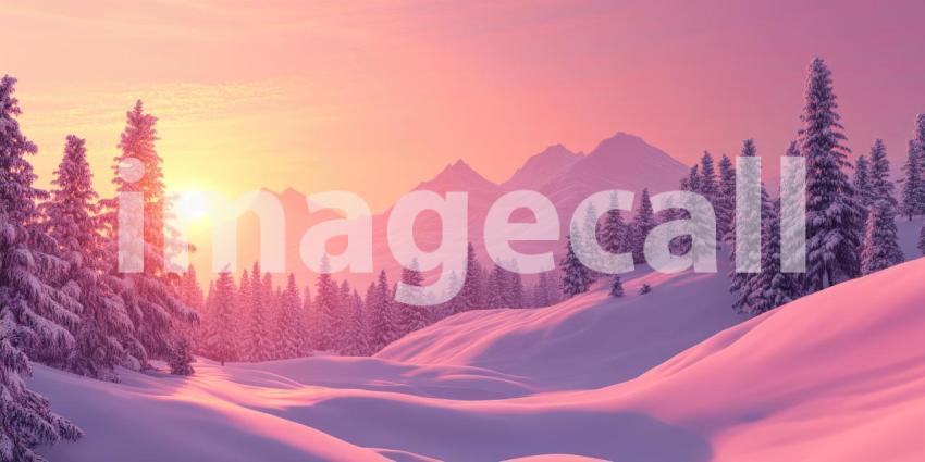 Surreal Winter Wonderland at Sunset with Dreamy Pink Hues, Snow-Covered Hills, and a Distant Silhouette of Mountains