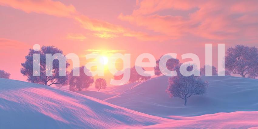 Surreal Winter Wonderland at Sunset with Dreamy Pink Hues, Snow-Covered Hills, and a Distant Silhouette of Mountains