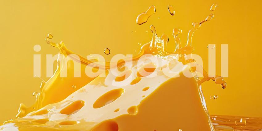 A Cheesy Explosion - A Cube of Cheddar Cheese Crashes into a Pool of Melted Cheese, Creating a Whimsical Splash of Golden Goodness