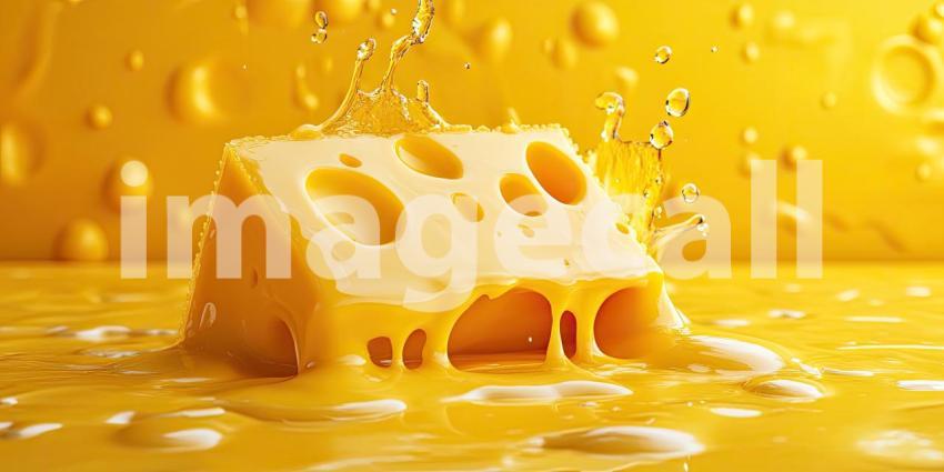 A Cheesy Explosion - A Cube of Cheddar Cheese Crashes into a Pool of Melted Cheese, Creating a Whimsical Splash of Golden Goodness