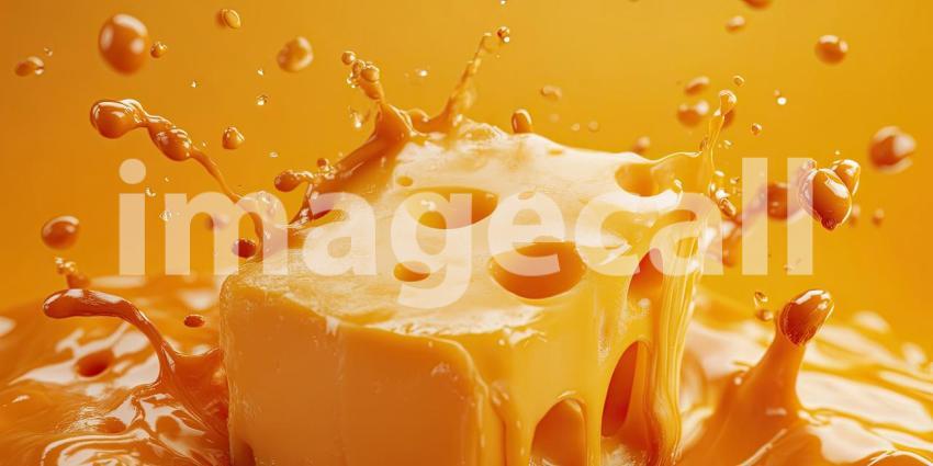 A Cheesy Explosion - A Cube of Cheddar Cheese Crashes into a Pool of Melted Cheese, Creating a Whimsical Splash of Golden Goodness