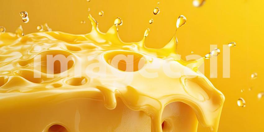 A Cheesy Explosion - A Cube of Cheddar Cheese Crashes into a Pool of Melted Cheese, Creating a Whimsical Splash of Golden Goodness