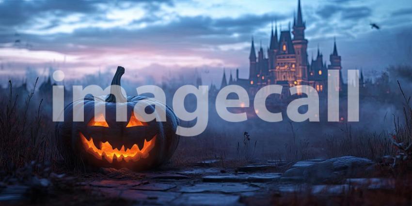 A Jack-o'-Lantern Glows Eerily in the Foreground of a Spooky Halloween Scene, with a Foggy Castle Looming in the Distance