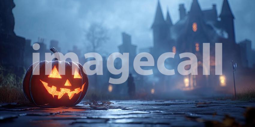 A Jack-o'-Lantern Glows Eerily in the Foreground of a Spooky Halloween Scene, with a Foggy Castle Looming in the Distance