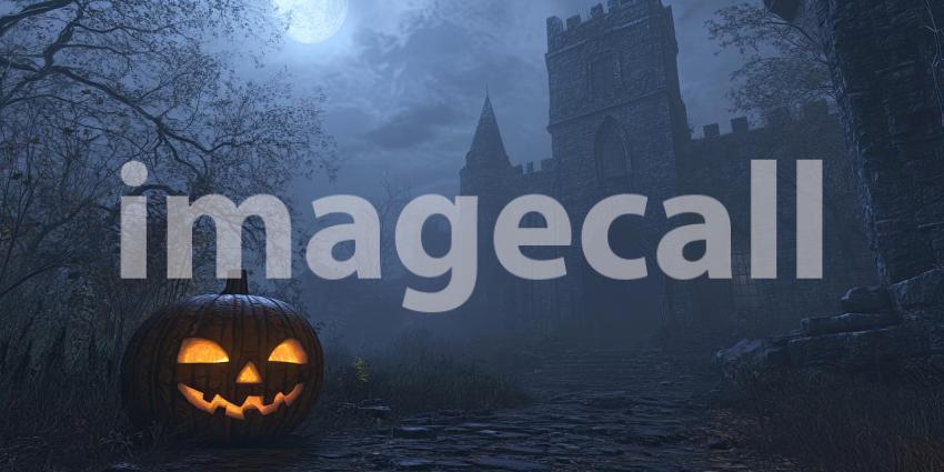 A Jack-o'-Lantern Glows Eerily in the Foreground of a Spooky Halloween Scene, with a Foggy Castle Looming in the Distance