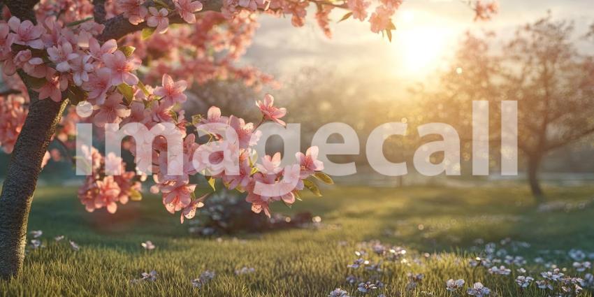 A picturesque scene of a serene lake surrounded by vibrant pink cherry blossoms, with majestic snow-capped mountains in the background and a warm sunset sky casting a golden glow