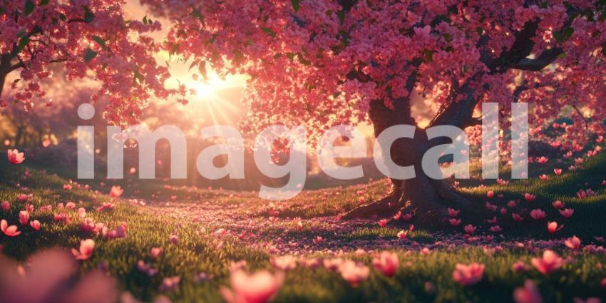 A picturesque scene of a serene lake surrounded by vibrant pink cherry blossoms, with majestic snow-capped mountains in the background and a warm sunset sky casting a golden glow