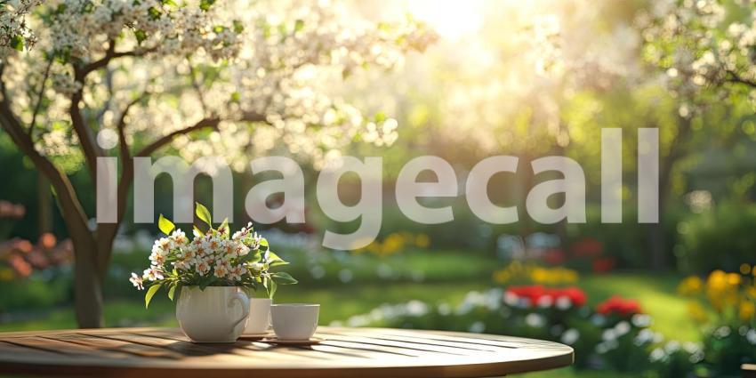 A vibrant bouquet of colorful flowers in a vase, accompanied by a bowl of juicy apricots, adorns a wooden table in a sunlit garden