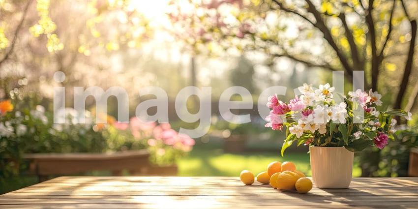A vibrant bouquet of colorful flowers in a vase, accompanied by a bowl of juicy apricots, adorns a wooden table in a sunlit garden