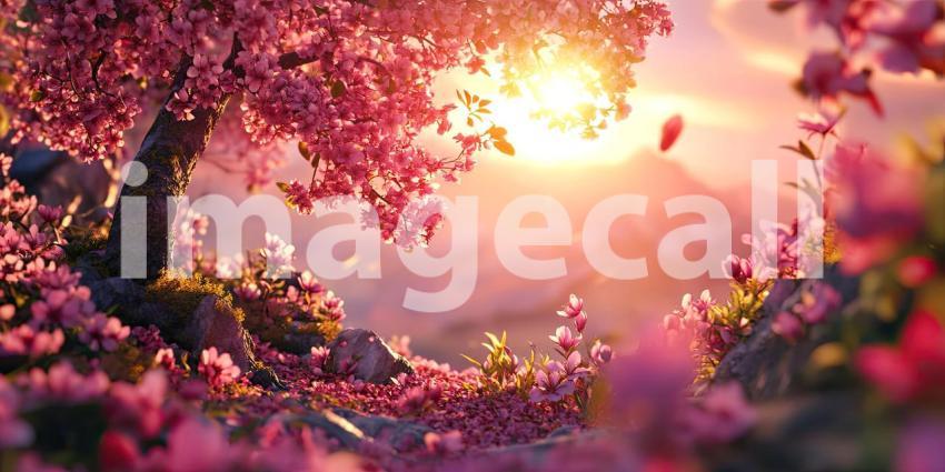 A picturesque scene of a serene lake surrounded by vibrant pink cherry blossoms, with majestic snow-capped mountains in the background and a warm sunset sky casting a golden glow