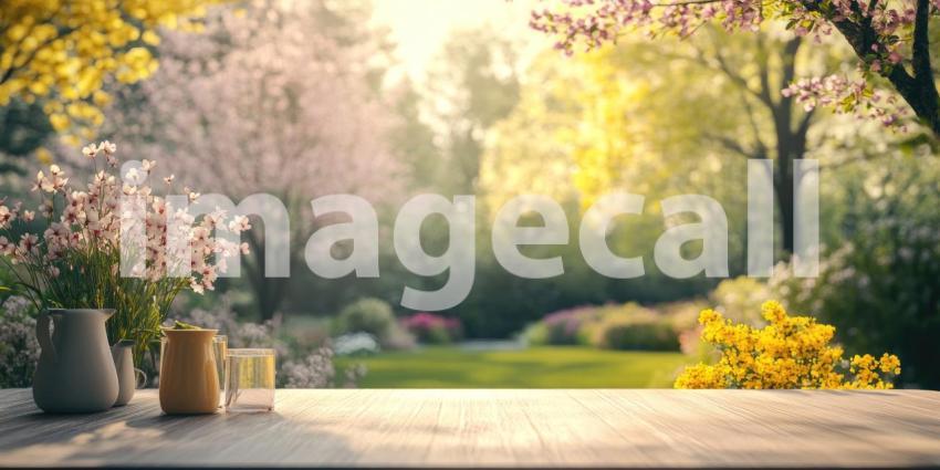 A vibrant bouquet of colorful flowers in a vase, accompanied by a bowl of juicy apricots, adorns a wooden table in a sunlit garden