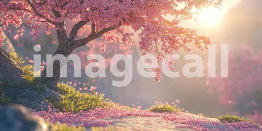 A picturesque scene of a serene lake surrounded by vibrant pink cherry blossoms, with majestic snow-capped mountains in the background and a warm sunset sky casting a golden glow