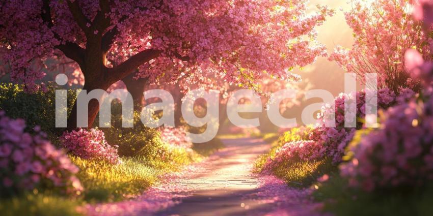 A picturesque scene of a serene lake surrounded by vibrant pink cherry blossoms, with majestic snow-capped mountains in the background and a warm sunset sky casting a golden glow