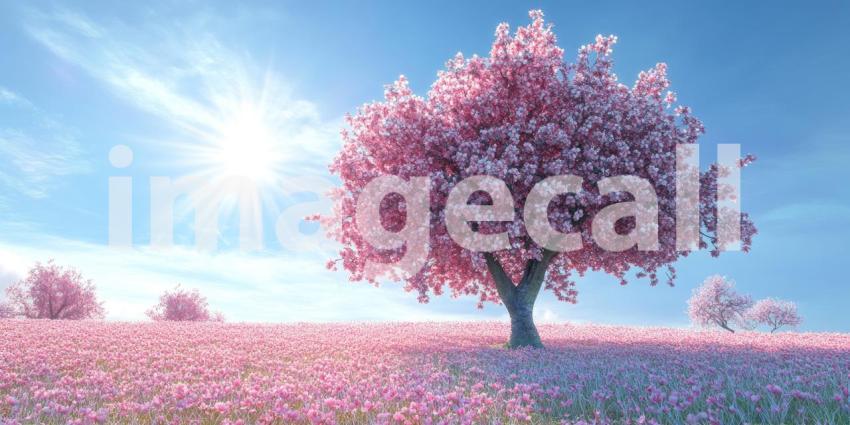 A picturesque scene of a serene lake surrounded by vibrant pink cherry blossoms, with majestic snow-capped mountains in the background and a warm sunset sky casting a golden glow