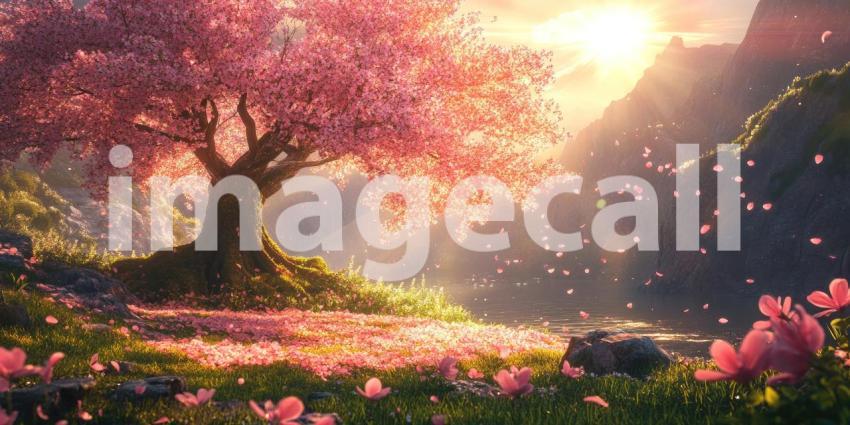 A picturesque scene of a serene lake surrounded by vibrant pink cherry blossoms, with majestic snow-capped mountains in the background and a warm sunset sky casting a golden glow