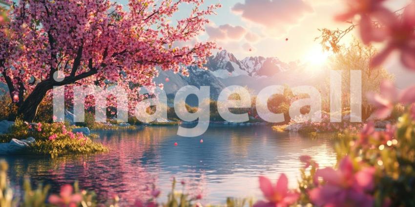 A picturesque scene of a serene lake surrounded by vibrant pink cherry blossoms, with majestic snow-capped mountains in the background and a warm sunset sky casting a golden glow