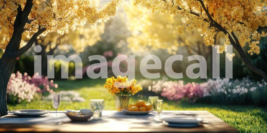 A vibrant bouquet of colorful flowers in a vase, accompanied by a bowl of juicy apricots, adorns a wooden table in a sunlit garden