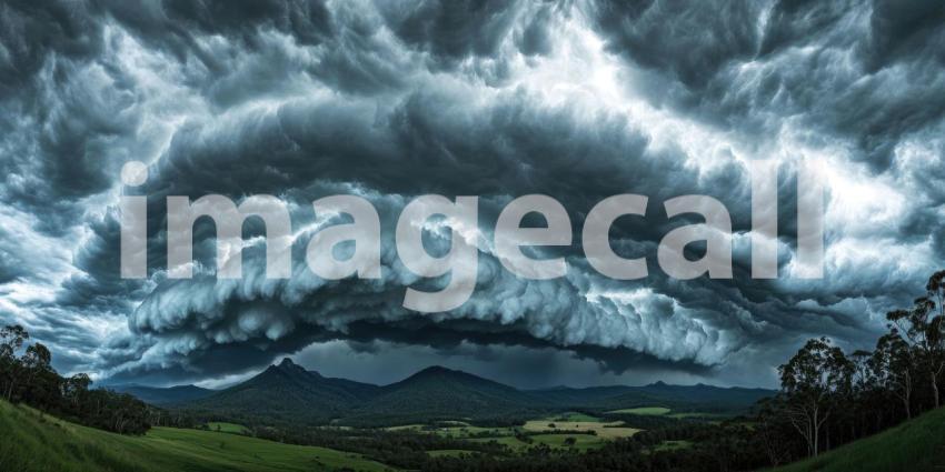 A Majestic Mountain Range Pierces the Clouds, Casting Shadows Over a Lush Valley Below.