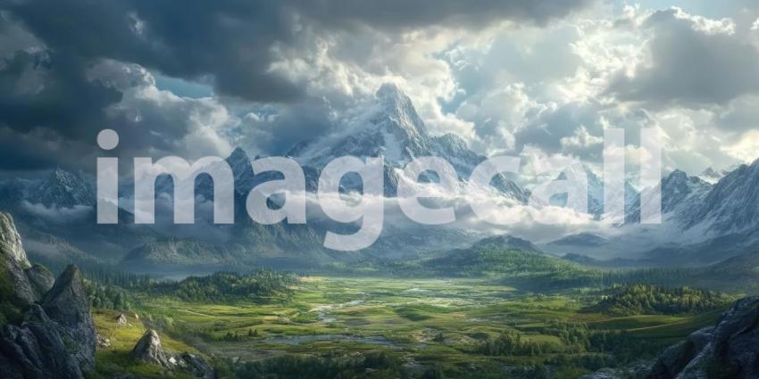 A Majestic Mountain Range Pierces the Clouds, Casting Shadows Over a Lush Valley Below.