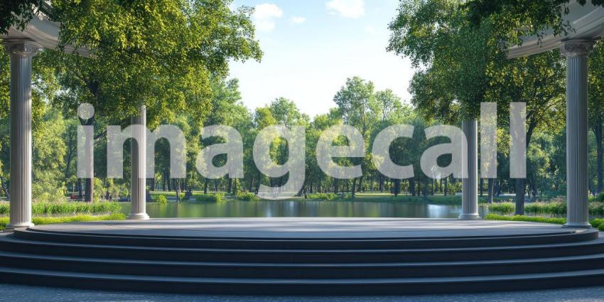 A Wooden Stage with Professional Lighting and Sound Equipment Stands Ready in a Lush Green Park, Awaiting an Audience