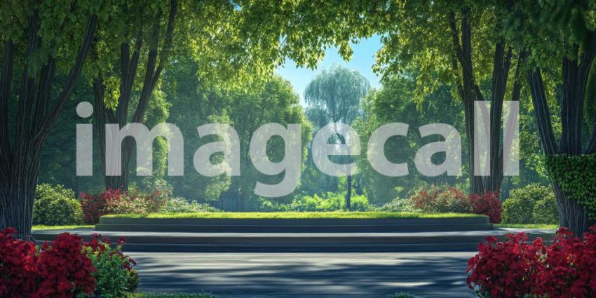 A Wooden Stage with Professional Lighting and Sound Equipment Stands Ready in a Lush Green Park, Awaiting an Audience