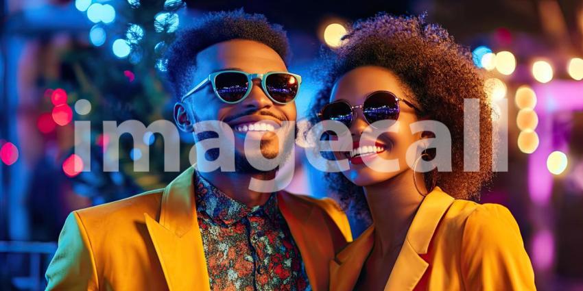 Two Festively Dressed Individuals Celebrating in Glittery Outfits with Black and Red Hats against a Red Background Adorned with Colorful Confetti