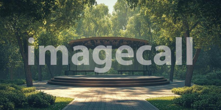 A Wooden Stage with Professional Lighting and Sound Equipment Stands Ready in a Lush Green Park, Awaiting an Audience