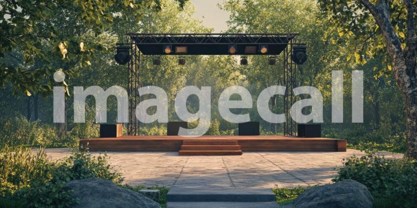 A Wooden Stage with Professional Lighting and Sound Equipment Stands Ready in a Lush Green Park, Awaiting an Audience
